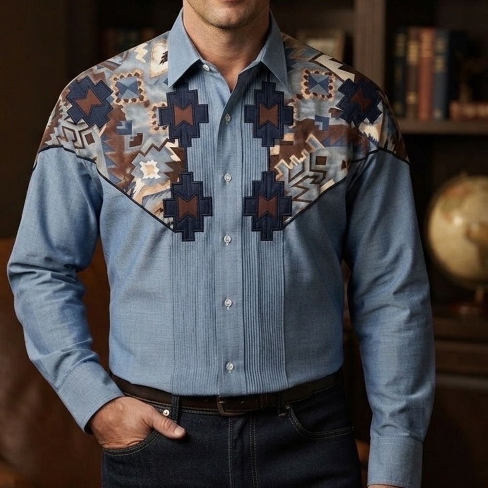 Vintage Chaplin Western Tuxedo Shirt Blue Southwestern Pleated Mens S